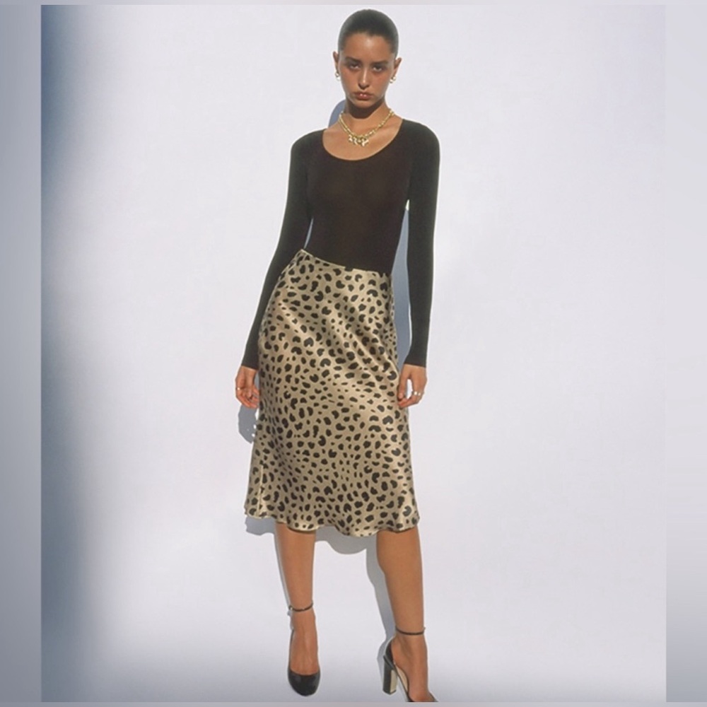 Realisation Par Leopard Print silk Naomi Midi Skirt in Beige and Black